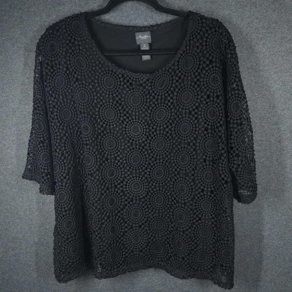 Chicos Travelers Black Crochet Top Size 2 Large Office Goth Hippie Retro Chic